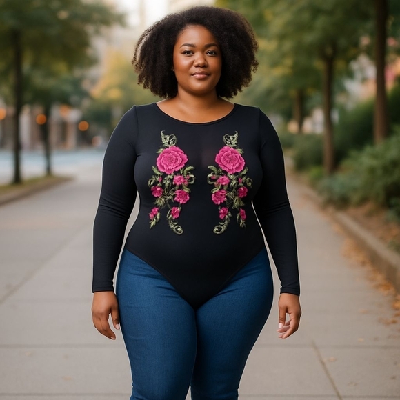 Floral Embroidered Black Bodysuit - Picture 1 of 3